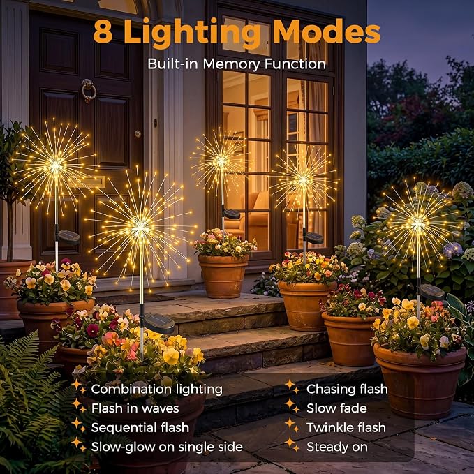 btfarm 6 Pack 120 LED Solar Garden Lights Outdoor, 8 Modes Firework Lights Solar Powered, Waterproof Twinkle Fairy Light Outside for Yard Patio Pathway Pool Christmas Party Decorative, Warm White - Image 2