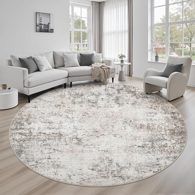 Round Area Rug for Living Room: 6 ft Washable Modern Abstract Soft Thin Rug Indoor Floor No Slip Stain Resistant Carpet for Bedroom Dining Room Farmhouse Nursery Home Office - Brown Grey by FXRHLP