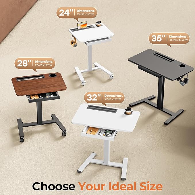 32" Mobile Desk with Drawer, Rolling Standing Desk on Wheels | Height Adjustable Desk with Cup Holder and Hooks, Portable Laptop Cart with Storage for Home Office, White - Image 6