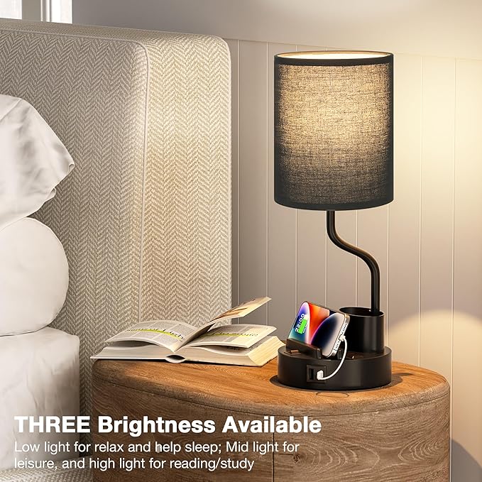 Fenmzee Bedside Lamps for Bedroom Set of 2 - Table Desk Lamp for Nightstand | 15" Table Lamp for Living Room with Pen Holder & Phone Stand, USB A+C Port, AC Outlet, 3 Color Temperature, LED Bulb Included - Image 6