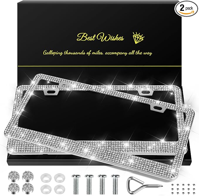QUANQIUFEI 2 Pack Bling License Plate Frames for Women, Sparkly Rhinestone Diamond Car Accessories with Glitter Crystal Caps (Silver) by QUANQIUFEI