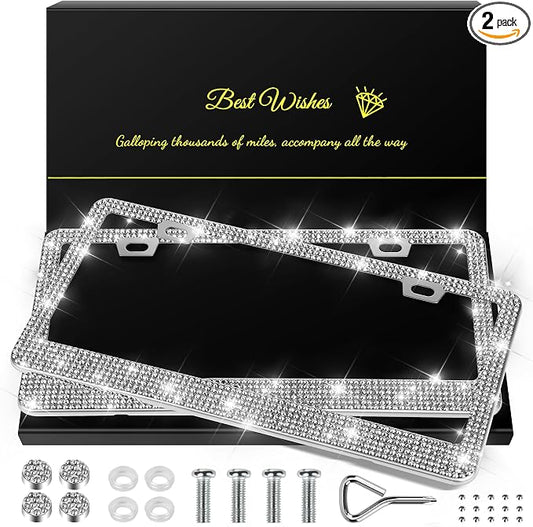 QUANQIUFEI 2 Pack Bling License Plate Frames for Women, Sparkly Rhinestone Diamond Car Accessories with Glitter Crystal Caps (Silver) by QUANQIUFEI
