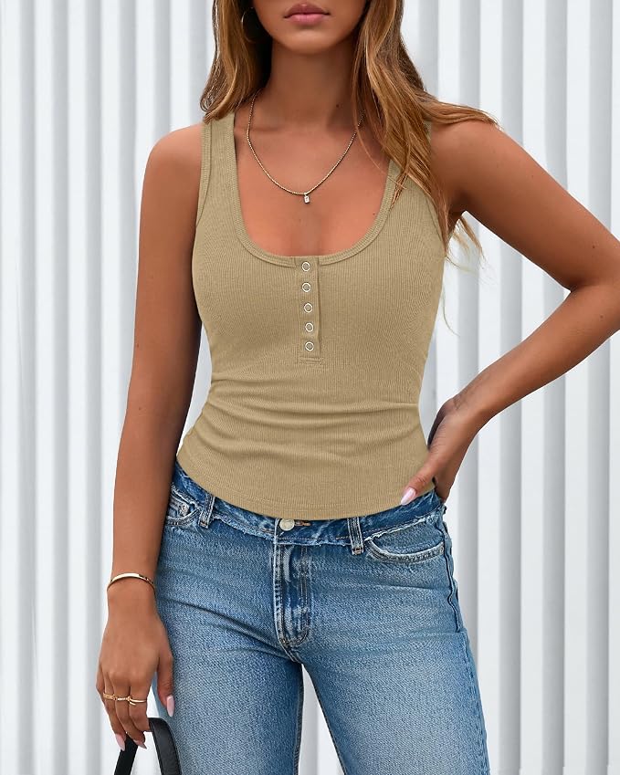 BTFBM Summer Tops for Women 2026 Scoop Neck Ribbed Henley Button Sleeveless Casual Spring Basic Tank Top Clothes Outfits - Image 5