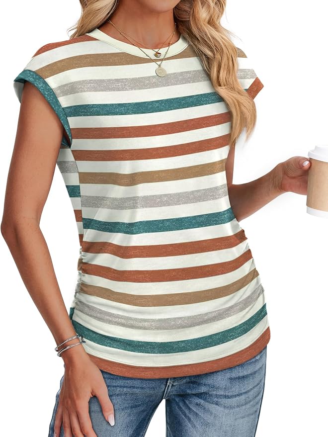 Sampeel Womens Summer Tops Trendy 2026 Ruched Cap Short Sleeve Tshirts Shirts Crew Neck T Shirts Fashion - Image 3