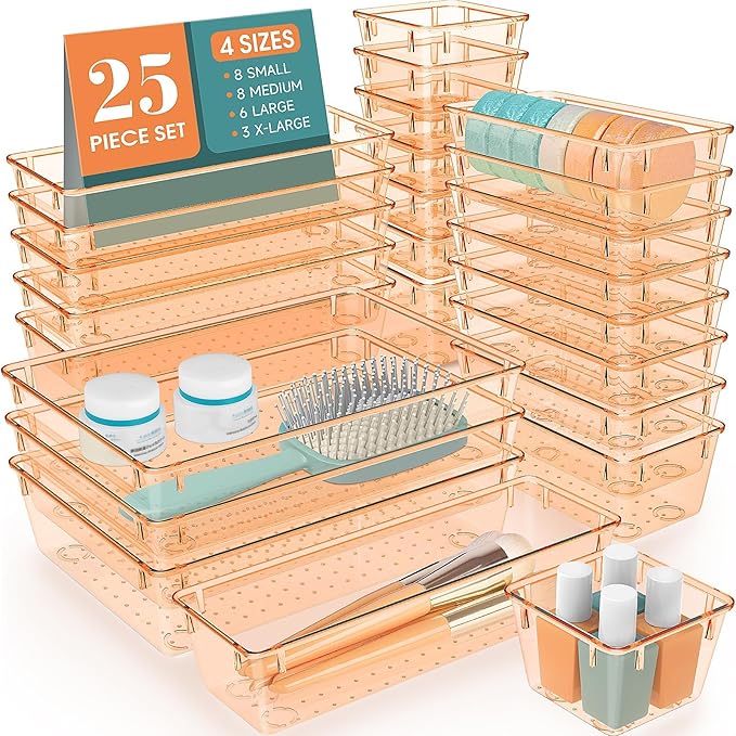 WOWBOX 25 PCS Plastic Drawer Organizer Set, 4 Sizes Desk Drawer Divider Organizers and Storage Bins for Makeup, Jewelry, Gadgets for Kitchen, Bedroom, Bathroom, Office, Clear Orange by WOWBOX