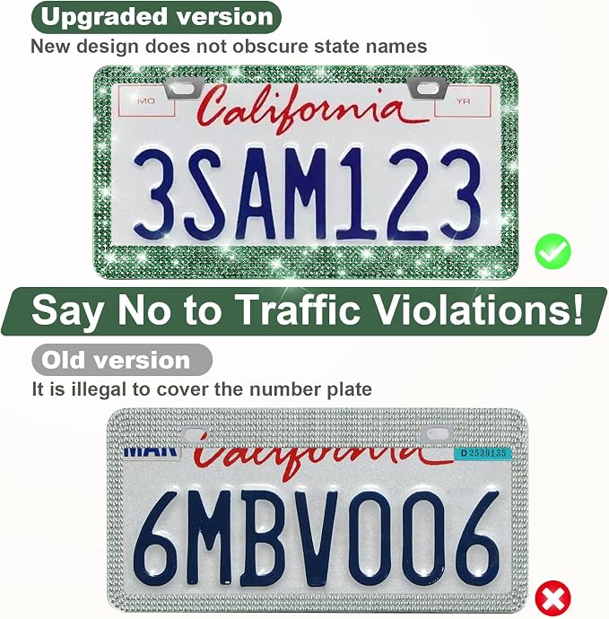 QUANQIUFEI 2 Pack Bling License Plate Frames for Women, Sparkly Rhinestone Diamond Car Accessories with Glitter Crystal Caps (Dark Green) - Image 4