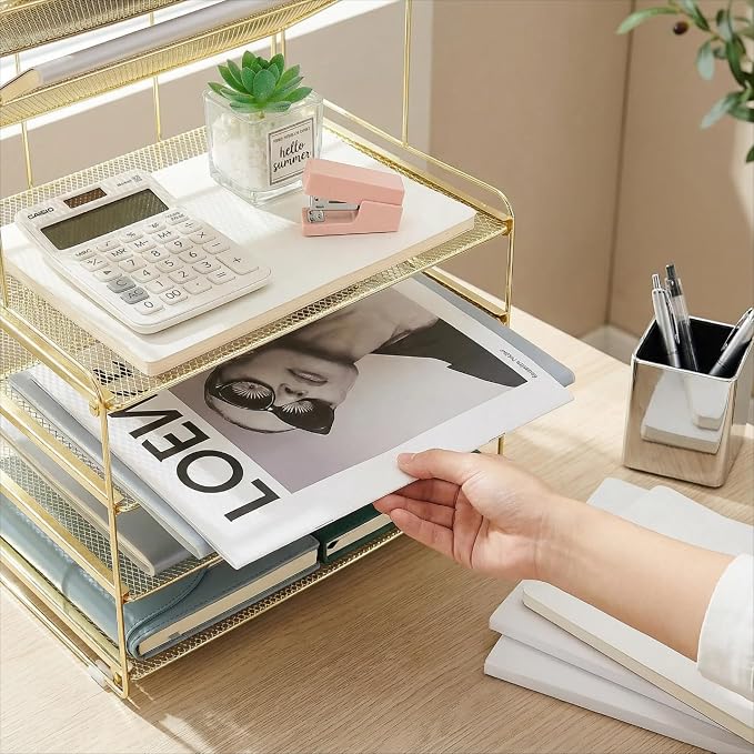 OPNICE Desk Organizer, 6-Tier Letter Tray Paper Organizer, Desktop File Organizer, Office Desk Accessories & Office Decor for Women, Workspace Organizer for Office Supplies(Gold) - Image 4