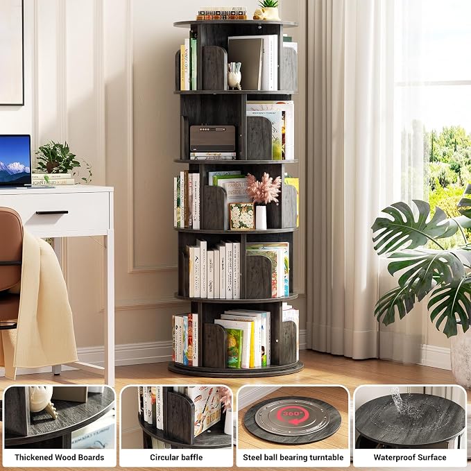 Aheaplus Rotating Bookshelf, 360 Display Wood Spinning Bookshelf Tower, 5 Tier Floor Standing Bookcase Storage Rack, Revolving Bookcase Corner Bookshelf for Small Space, Bedroom, Study Room,Black Oak - Image 4
