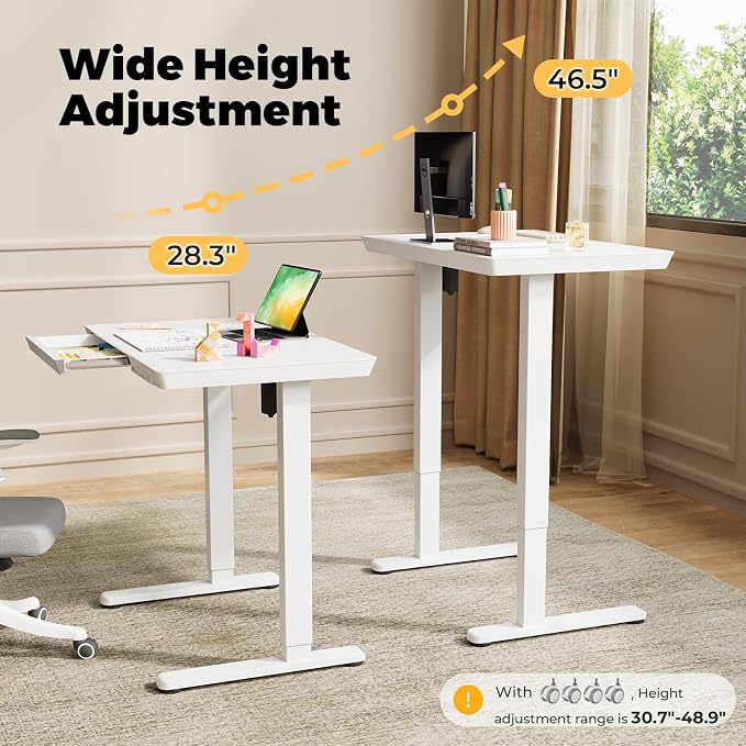 32" Electric Standing Desk with Drawer, Rolling Laptop Desk | Height Adjustable Quick Install One-Piece Tabletop with USB Charging Ports, Sit Stand Computer Desk for Small Space, White - Image 4