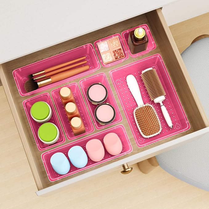 12 PCS Drawer Organizer Set, Makeup Organizers, Tool Storage Trays, Pink | 4 Sizes, Plastic, Stackable, Multiple Gadgets, Desk Drawer Divider Organizers, for Makeup, Office Supplies Storage - Image 6