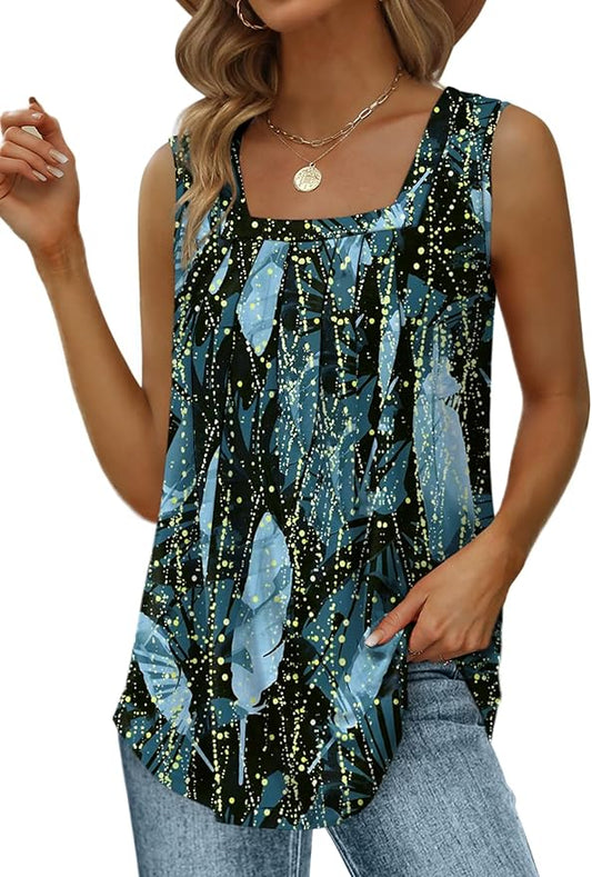 Saloogoe Summer Tank Tops for Women Loose Fit Pleated Square Neck Sleeveless Tops Curved Hem Flowy by Saloogoe