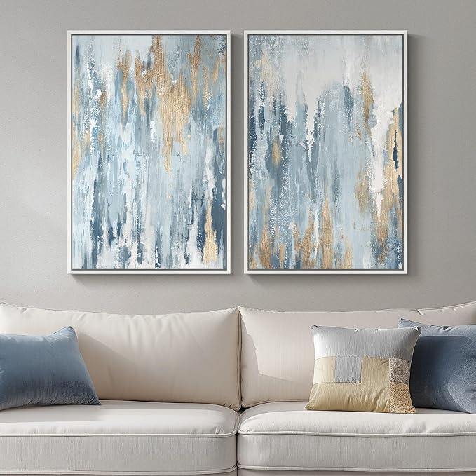 Large White Framed Blue and Gold Abstract Canvas Wall Art, 2 Piece Modern Minimalist Art Prints Paintings Artwork for Walls, Glitter Pictures for Living Room, Dining Room, Bedroom Wall Decor 20x30 In by Cuspin