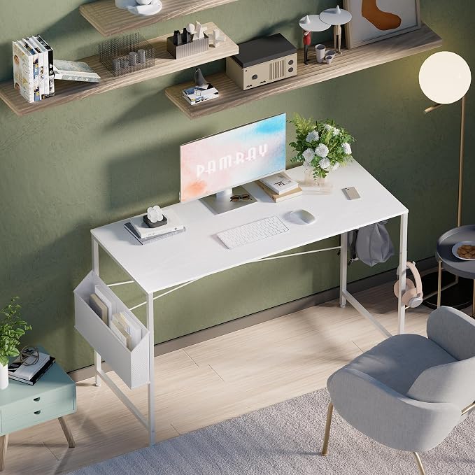 Pamray 47 Inch Computer Desk for Small Spaces with Storage Bag, Home Office Work Desk with Headphone Hook, Small Office Desk Study Writing Table - Image 2