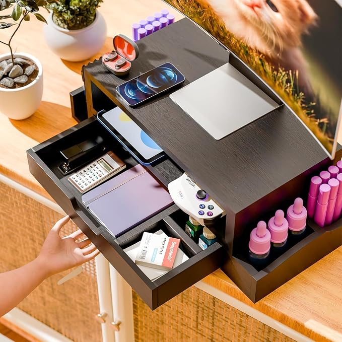 Simple Trending Wood Monitor Stand Riser with Drawer and Pen Holder, Desk Organizer for Home Office, Black - Image 2