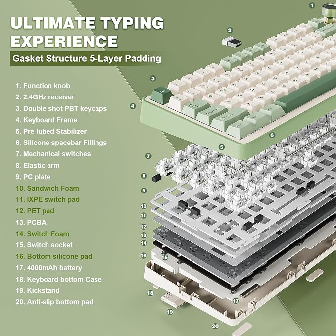 YUNZII B75 PRO 75% Wireless Mechanical Keyboard(Matcha Green,MilkV2) | Hot Swap Keyboard with Knob, Gasket Mount, Creamy Pre-lubed Switch for Smooth Typing, BT/USB-C/2.4G, for Gaming - Image 4