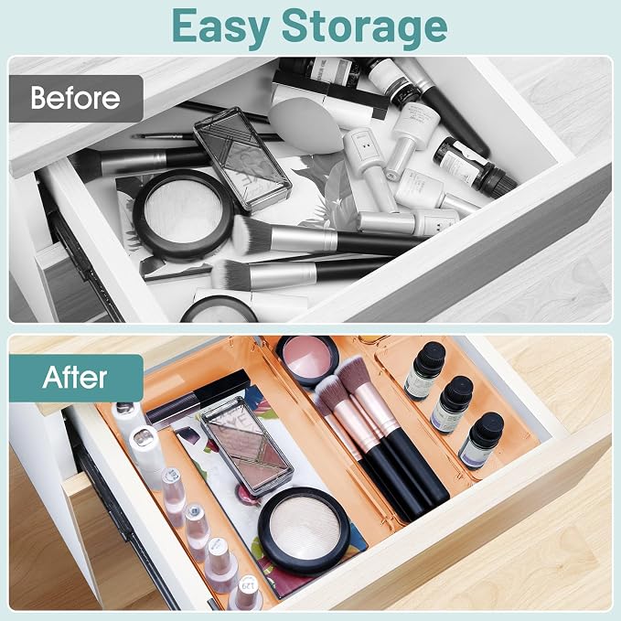 WOWBOX 25 PCS Plastic Drawer Organizer Set, 4 Sizes Desk Drawer Divider Organizers and Storage Bins for Makeup, Jewelry, Gadgets for Kitchen, Bedroom, Bathroom, Office, Clear Orange - Image 4