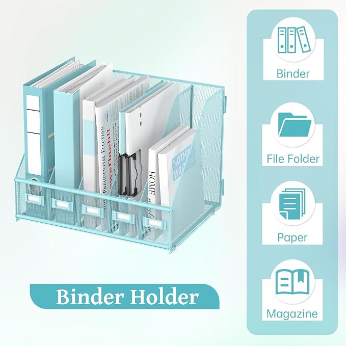 SUPEASY Desk Organizers Metal Desk Magazine File Holder with 5 Vertical Compartments Rack File Organizer for Office Desktop, Classroom, Home Workspace, Blue Plus - Image 6