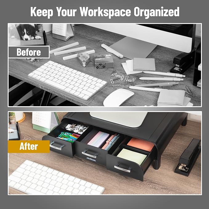 Mind Reader Monitor Stand, Laptop Riser, Desktop Organizer, Storage Drawer, Office, Plastic, 13.5"L x 13"W x 4"H, Black - Image 5