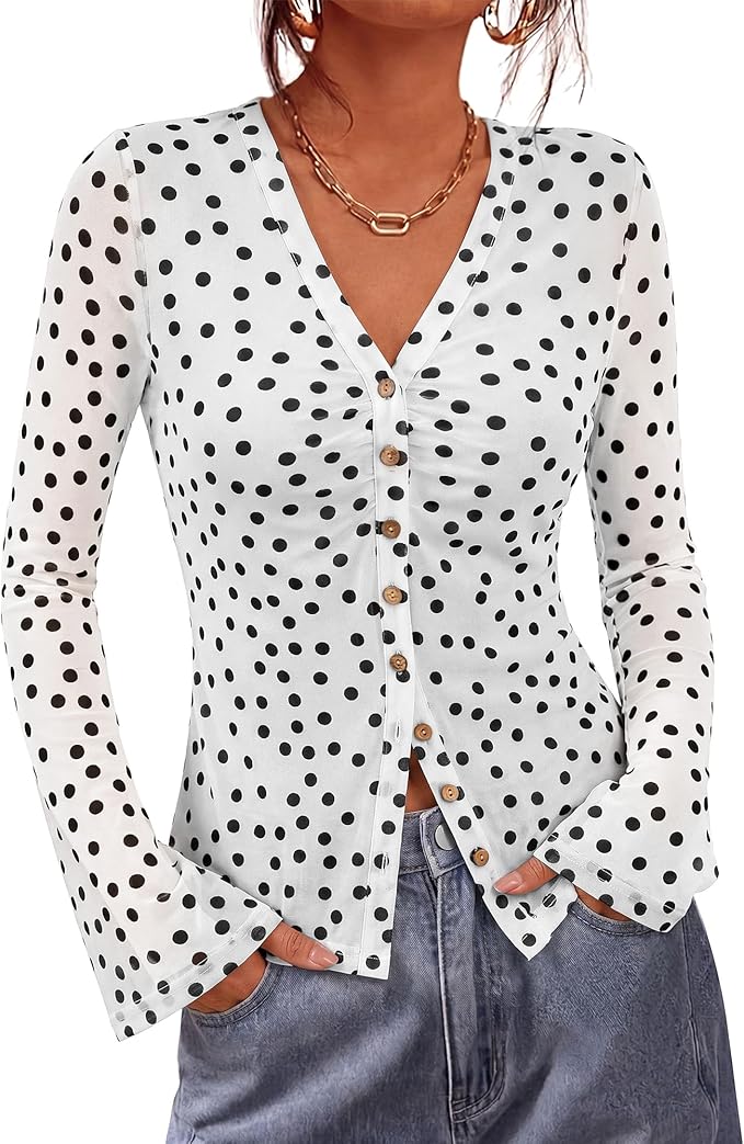 BTFBM Button Down Shirts for Women 2026 Fall Boho Tops V Neck Long Sleeve Blouses Ruched Mesh Fitted Fashion Clothing by BTFBM
