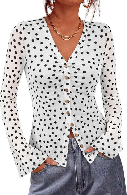 BTFBM Button Down Shirts for Women 2026 Fall Boho Tops V Neck Long Sleeve Blouses Ruched Mesh Fitted Fashion Clothing by BTFBM