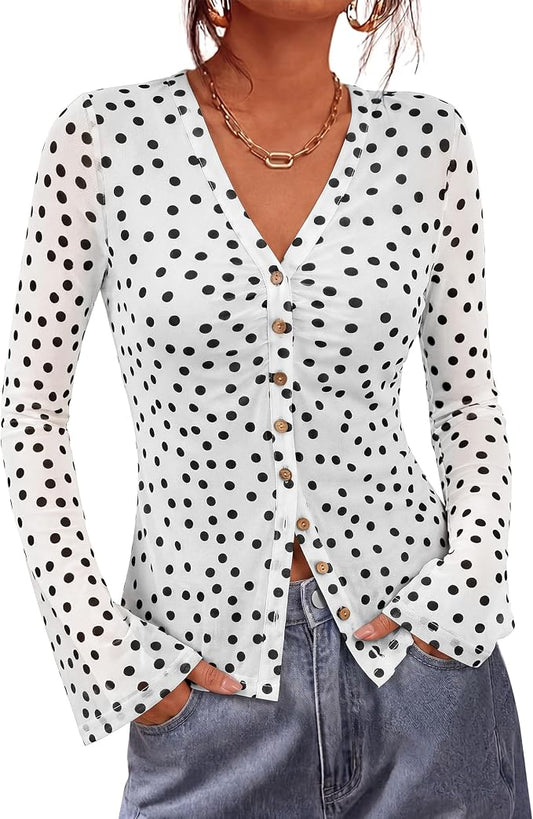 BTFBM Button Down Shirts for Women 2026 Fall Boho Tops V Neck Long Sleeve Blouses Ruched Mesh Fitted Fashion Clothing by BTFBM
