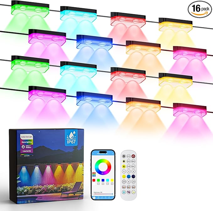 16 Packs Outdoor Deck Lights, Smart RGBIC Fence Light, with APP/Remote Control, 16 Million Monochrome Modes,IP67 Waterproof, Color Changing Fence Lights for Fence（100ft） by LPHIANX