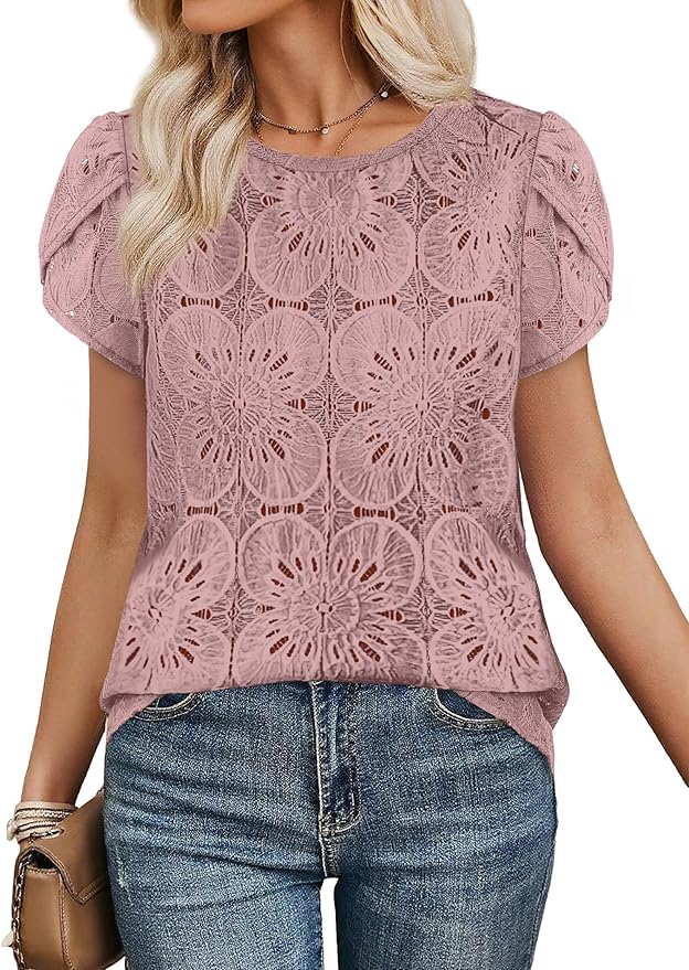 OFEEFAN Blouses for Women Dressy Casual Petal Short Sleeve Shirts Crochet Lace Boho Tops Spring Fashion Summer Outfits - Image 2