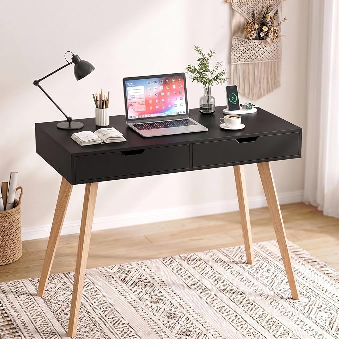 FOTOSOK White Computer Writing Desk with 2 Drawers, Small Desk Makeup Vanity Table Wood Desk with 4 Oak Legs, Modern Home Office Desk Console Study Table, Black by FOTOSOK