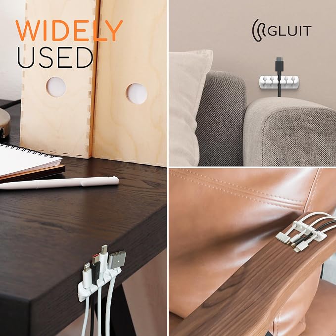 GLUIT Cord Organizer for Desk, Cable Holder for Nightstand, Charger Organizer, Adhesive Desktop Wire Clips, Multislot Cable Management, Table Organizer Accessories - 5 Pack, 15 Slots, White - Image 6