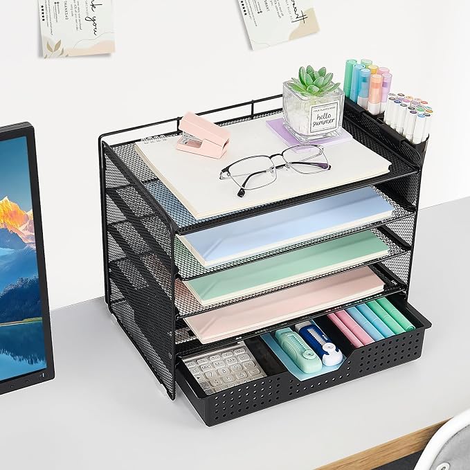 LEKETREE Desk Organizer and Accessories, 5-Tier Paper Letter Tray Organizer with Drawer & 2 Pen Holders for Desktop File Organization, Office Desk Accessories for Supplies Storage (Black) - Image 3