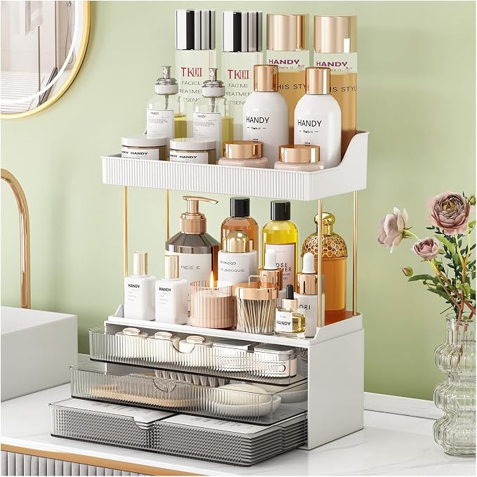 StorBin Arcylic 5-Tier Makeup & Skincare Organizer for Vanity, Bath | Smooth 3 drawers, clear body, gold frame, non-slip, for perfumes, serums, face masks, palettes, vanity & bath counter,Grey by Unknown