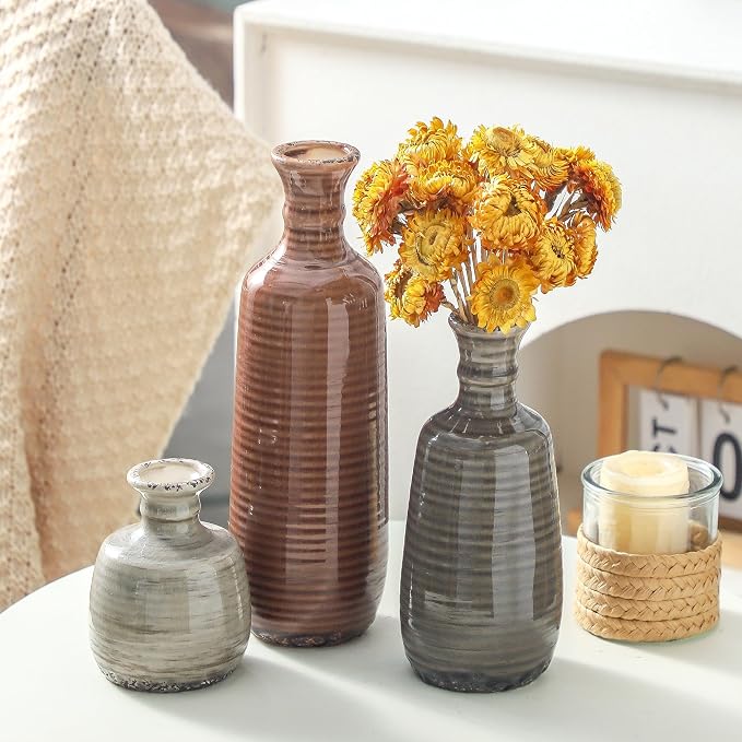 Ceramic Vases Set of 3, Neutral Rustic Farmhouse Vases Home Decor Decorative Flower Vase Modern Boho Pampass Vase for Table Mantel Entryway Shelf Living Room Kitchen Bathroom - Brown - Image 8