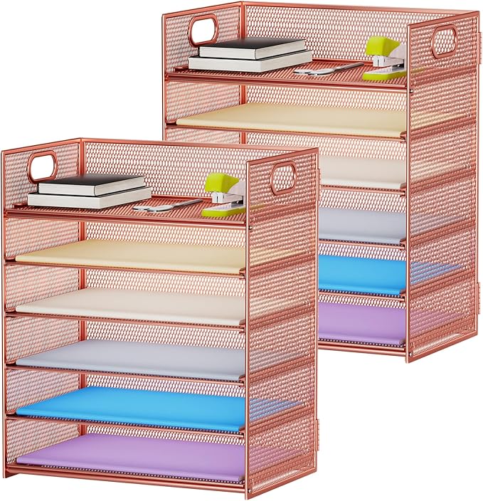 Marbrasse 2 Pack Desk Organizer with Handle, 6 Tier Paper Letter Tray, Mesh Desk File Organizer for Office, School and Home - Rose Gold by Marbrasse