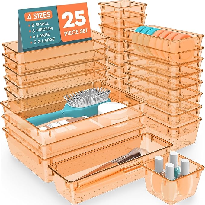 SpaceHacks 25 PCS Plastic Drawer Organizer Set, 4-Size Versatile Organizer Trays & storage Bins for Makeup, Jewelry, and Gadgets in Bathroom, Bedroom and Office,Orange by SpaceHacks