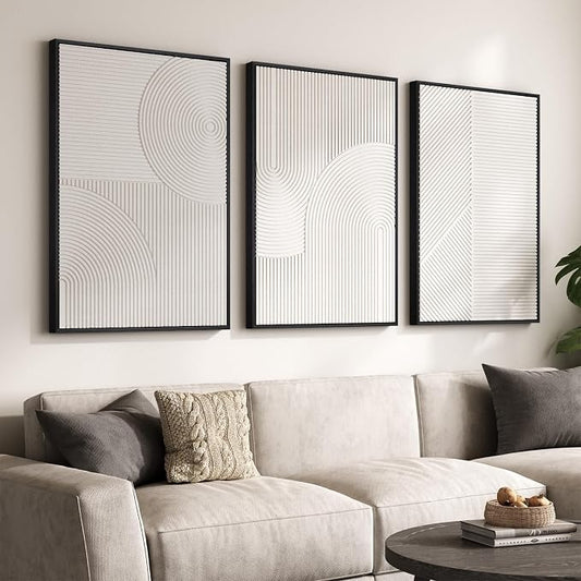 Large Framed 3D Textured Abstract Wall Art for Living Room, 3 Piece Modern White Geometric Pictures Wall Decor, Minimalist Line Paintings for Bedroom Dining Room Hallway Office 24x36 In by Cuspin