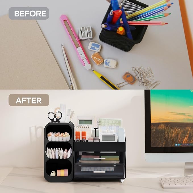 HBlife Desk Organizer with Pen Pencil Holder for Desk, Pen Organizer with 2 Drawers, Desk Organizers and Accessories with 4 Compartments, Desktop Storage for Office Home School Art Supplies, Black - Image 6
