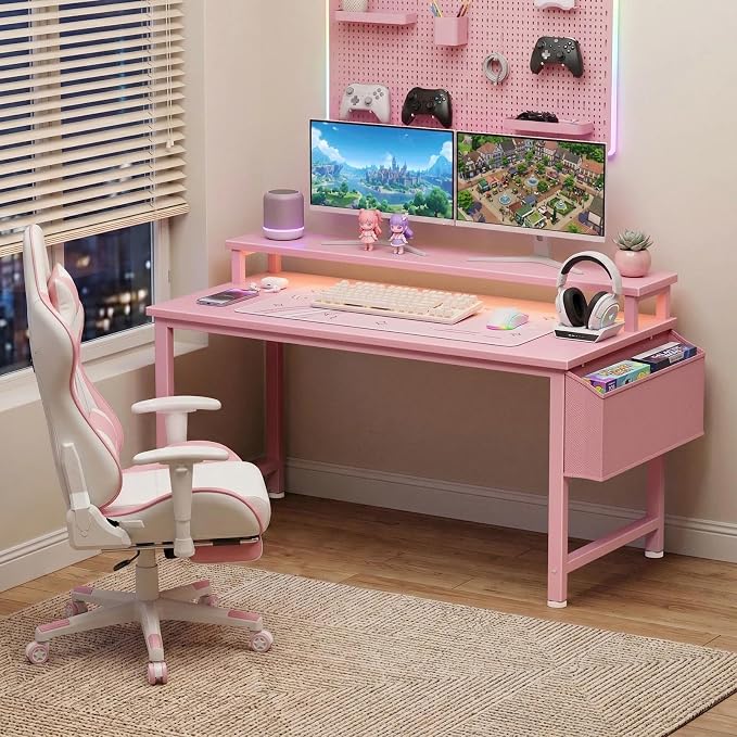 Lufeiya Girls Desk with Power Outlets and LED Lights, 40 Inch Gaming Desk Table with Charging Station, Home Office Computer Desks with Monitor, Pink - Image 2