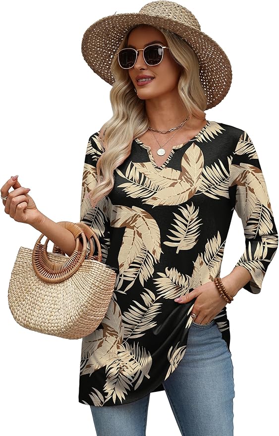 OFEEFAN Summer Boho Tops For Women 3/4 Length Sleeve Womens Tops Vacation Outfits - Image 5