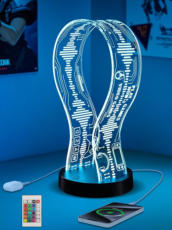 CoolGift Mart Light Up Headphone Stand with 16 Color Lights, Game Pattern Acrylic Headset Stand with 1 USB and 1 Type-C Charging Ports, Gifts for Gamers Men and Music Lovers by CoolGiftMart