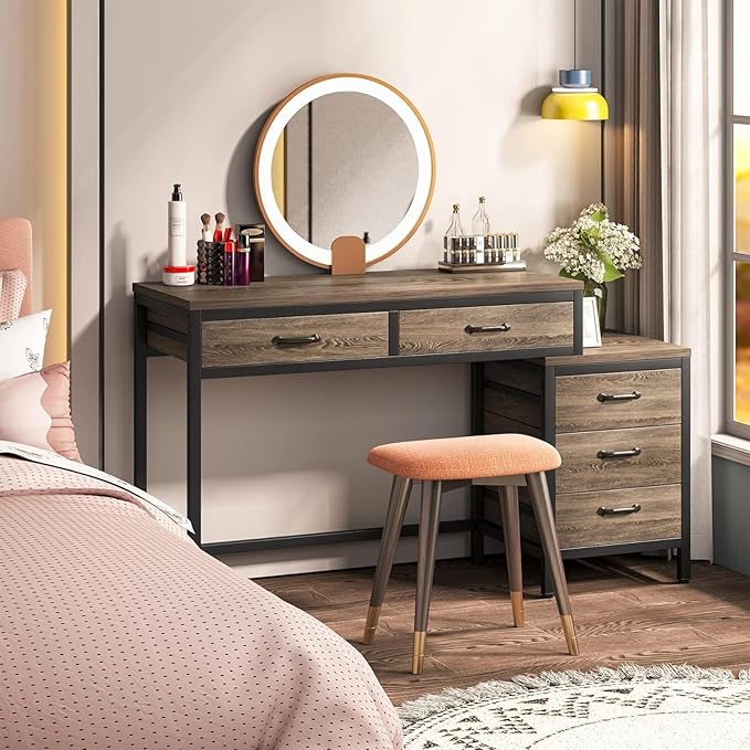 Tribesigns Computer Desk with 5 Drawers, Reversible Home Office Desks | Small Desk with Drawer Cabinet Printer Stand, PC Desk with Storage, Grey Study Writing Table Workstation for Small Spaces - Image 4