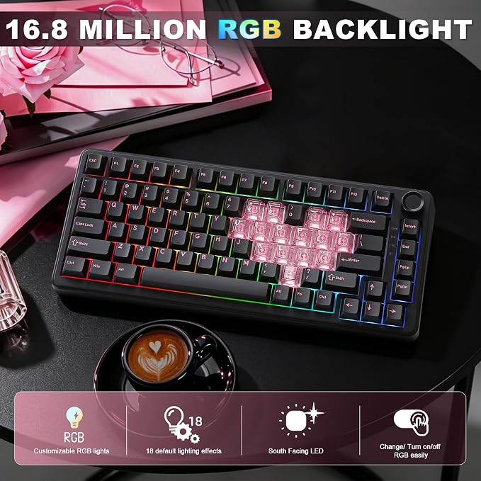 YUNZII B75 PRO 75% Wireless Mechanical Keyboard (Black Heart, CocoaV2) | Hot Swap Keyboard with Knob, Gasket Mount, Creamy Pre-lubed Switch for Smooth Typing, BT/USB-C/2.4G, for Gaming - Image 6