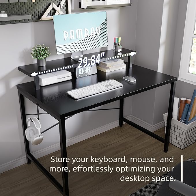 Pamray 32 Inch Small Computer Desk with Monitor Stand, Simple Office Desk with Headphone Hook for Small Spaces, Kids Study Writing Table for Bedroom, White - Image 4