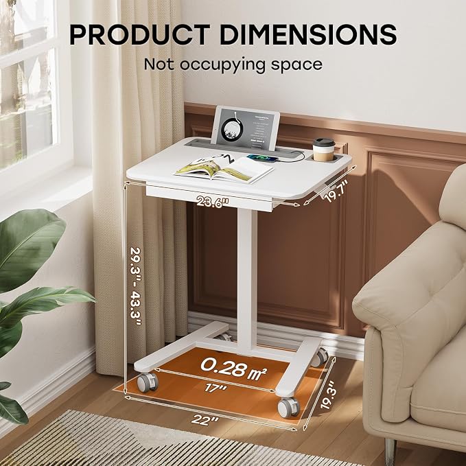 Small Mobile Standing Desk with Drawer, 23.6" x 19.7" Top | Height Adjustable Rolling Teacher Desk with Cup Holder and Hooks, Portable Workstation on Wheels for Classroom & Study, White - Image 2