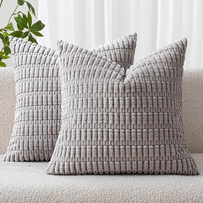 MIULEE Pack of 2 Corduroy Decorative Throw Pillow Covers 20x20 Inch Soft Boho Striped Pillow Covers Modern Farmhouse Home Decor for Sofa Living Room Couch Bed Light Grey by MIULEE