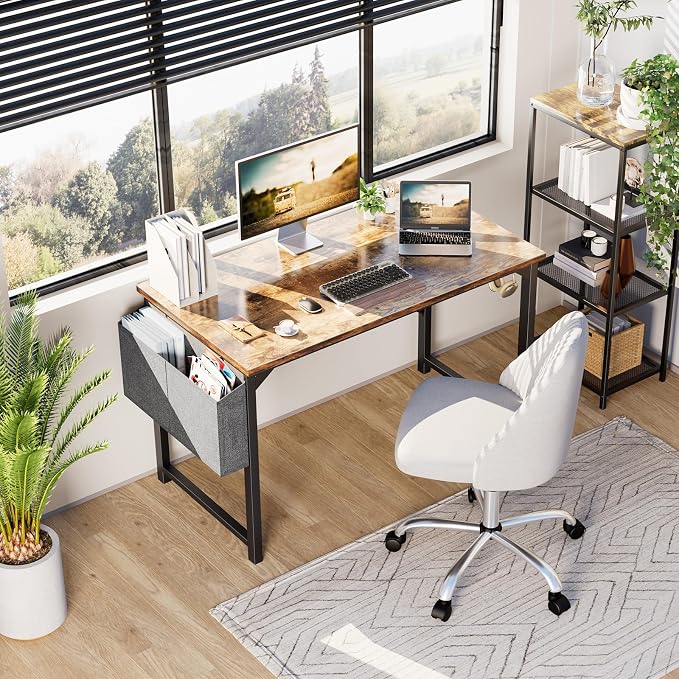 OLIXIS 47 Inch Computer Office Desk for Small Spaces, Writing Gaming Work Desk Modern Study Table with Storage Bag & Headphone Hook Home Bedroom, Rustic Brown | Computer Gaming Writing Workstation, Small Spaces for Home Bedroom, Rustic Brown - Image 2