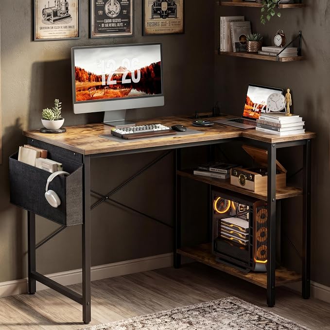 TIQLAB L Shaped Computer Desk with Power Outlets, 47 Inch Small Corner Desk with Reversible Shelves, Gaming Desk Computer Table Study Writing Desk for Home Office Small Space, Rustic Brown - Image 2