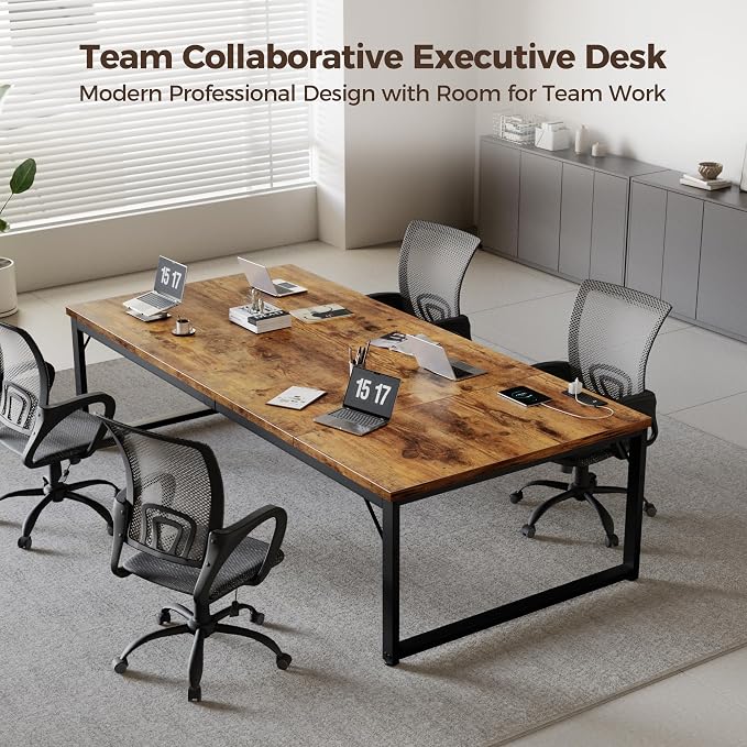Mericonia 63x28 Inch Computer Desk w/Power Outlets, 1.2" Thick Office Table | Modern Simple Style, Heavy Duty Industrial Frame, Large Study & Writing Table for Home Bedroom Work, Brown - Image 3