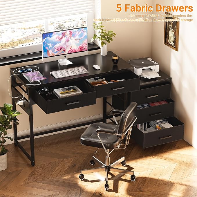 Unikito Reversible Computer Desk with 5 Drawers, Sturdy Office Desk with Power Outlets and USB Ports, Corner Writing Table with File Cabinet & Printer Stand, Vanity Desk with Storage, Black - Image 8