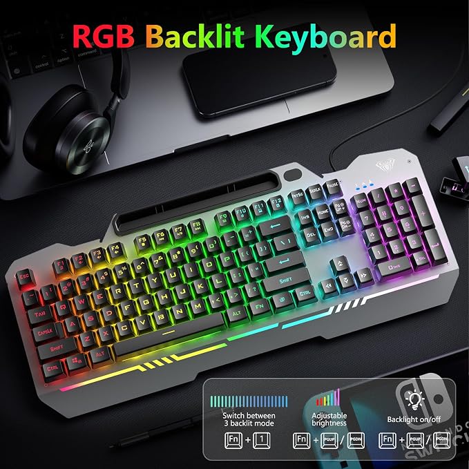 AULA Gaming Keyboard and Mouse,Wired 104-Key Mouse and Keyboard Combo Metal | Full Size Computer Keyboards with Number Pad,New Update Version,RGB Backlit Anti-Ghosting PC Keyboard for Laptop WinXP/7/8/10 - Image 2