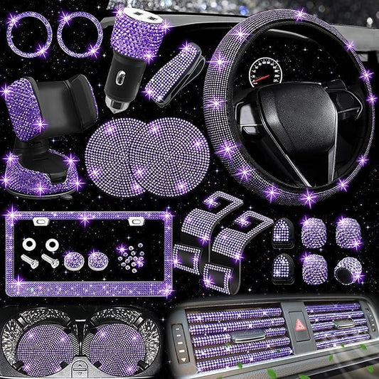 NBTEPEM 27 PCs Purple Violet Bling Car Accessories Set for Women, Steering Wheel Covers Universal Fit 15 Inch, Bling License Plate Frame, Bling Phone Holder, Bling Car Coasters by NBTEPEM